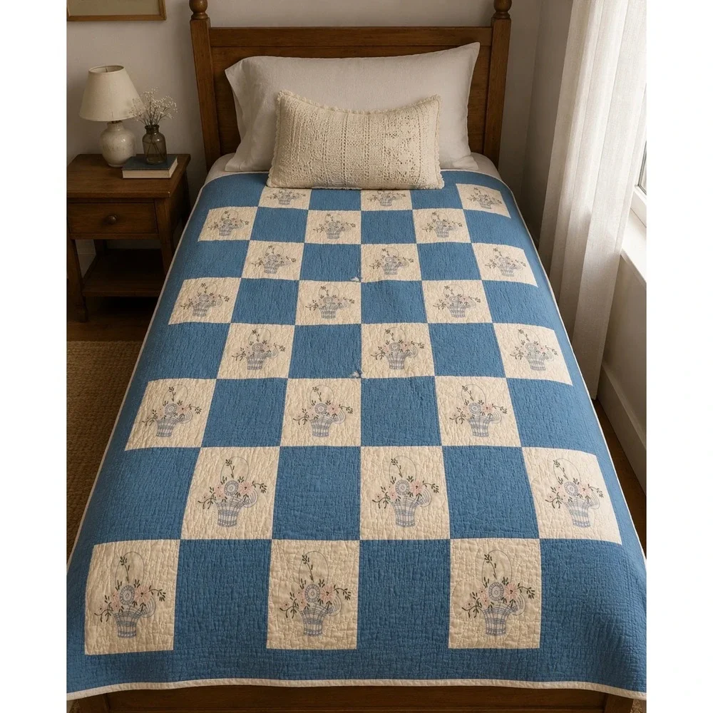 Vintage Blue White Checkered Flower Basket Embroidered Patchwork Quilt 63x83